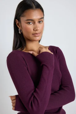 Stories be Told Action Burgundy Boatneck Rib LS Knit Top