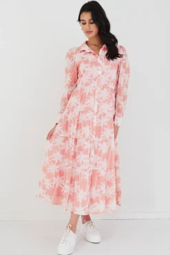 By Rosa. Adair Blush Palms Tiered Shirt Style Maxi Dress