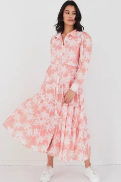 By Rosa. Adair Blush Palms Tiered Shirt Style Maxi Dress