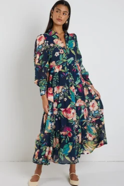 By Rosa. Adair Navy Vibrant Floral Long Sleeve Tiered Shirt Style Maxi Dress