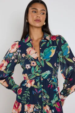 By Rosa. Adair Navy Vibrant Floral Long Sleeve Tiered Shirt Style Maxi Dress