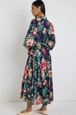 By Rosa. Adair Navy Vibrant Floral Long Sleeve Tiered Shirt Style Maxi Dress