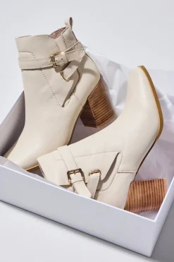 Nude Adelaide Cream Buckle Ankle Mid Heel Boot