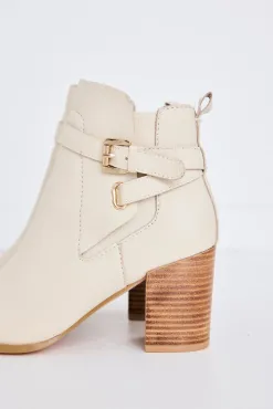 Nude Adelaide Cream Buckle Ankle Mid Heel Boot