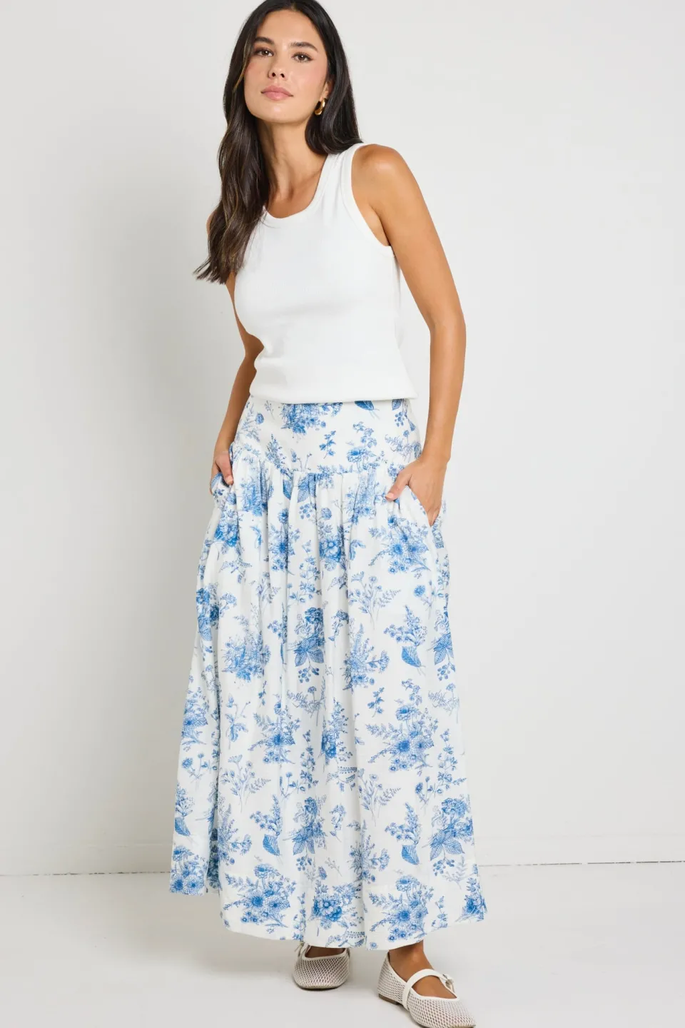 Ivy + Jack Affinity Porcelain Print Shirred Back Tiered Maxi Skirt