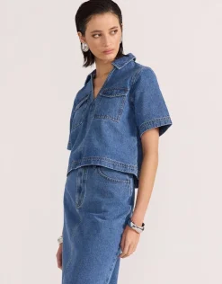 Staple The Label Alden Mid Blue Denim Crop SS Shirt