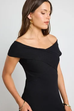 Georgia Mae Alfa Black Rib Off Shoulder SS Midi Dress