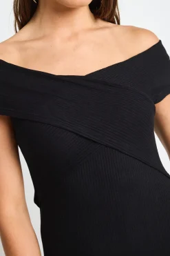 Georgia Mae Alfa Black Rib Off Shoulder SS Midi Dress