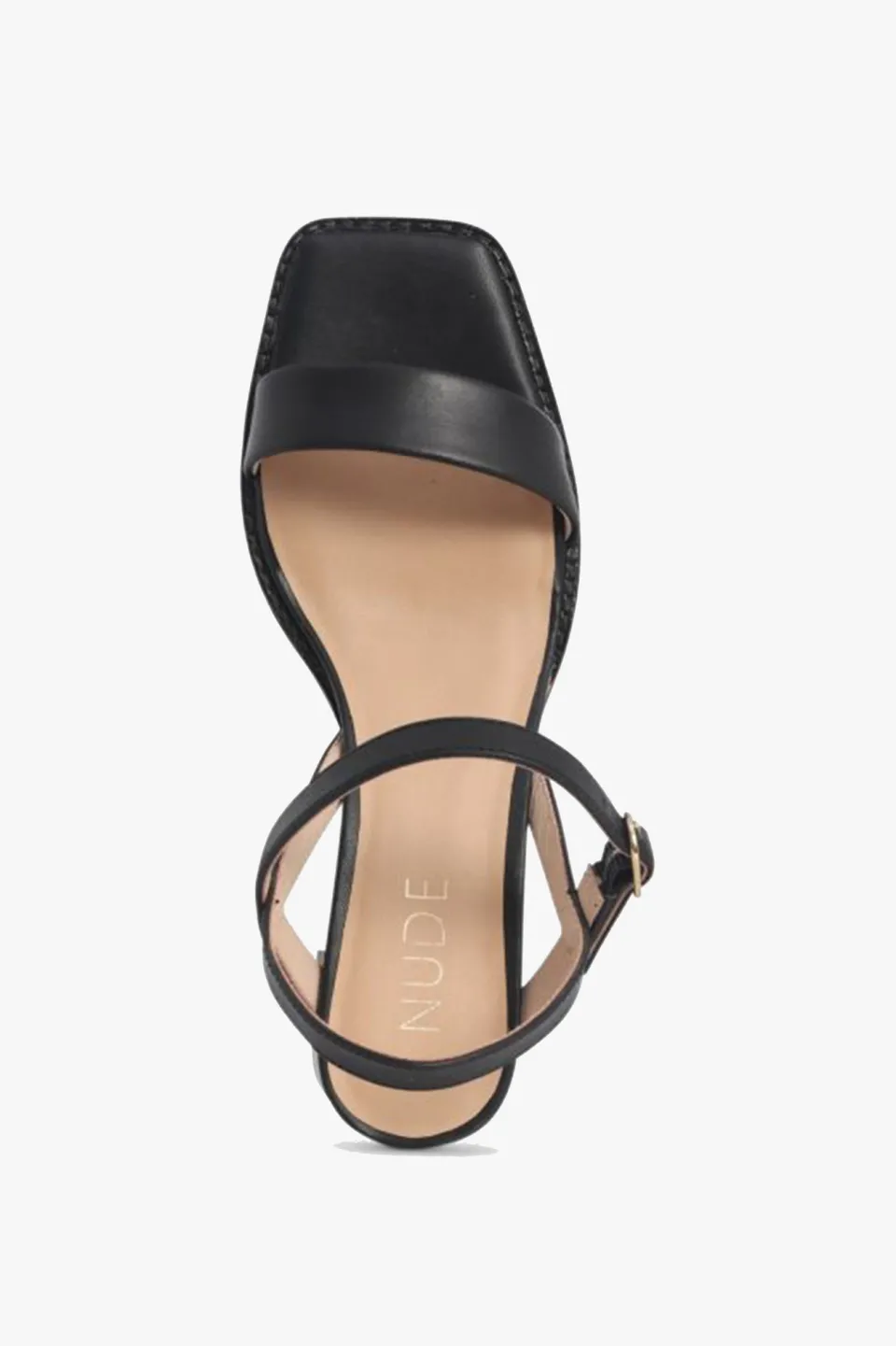 Nude Alisia Black Square Toe Ankle Strap Mid Heel