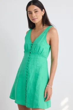 Among the Brave Allora Meadow Green Linen Sleeveless Button Front Mini Dress