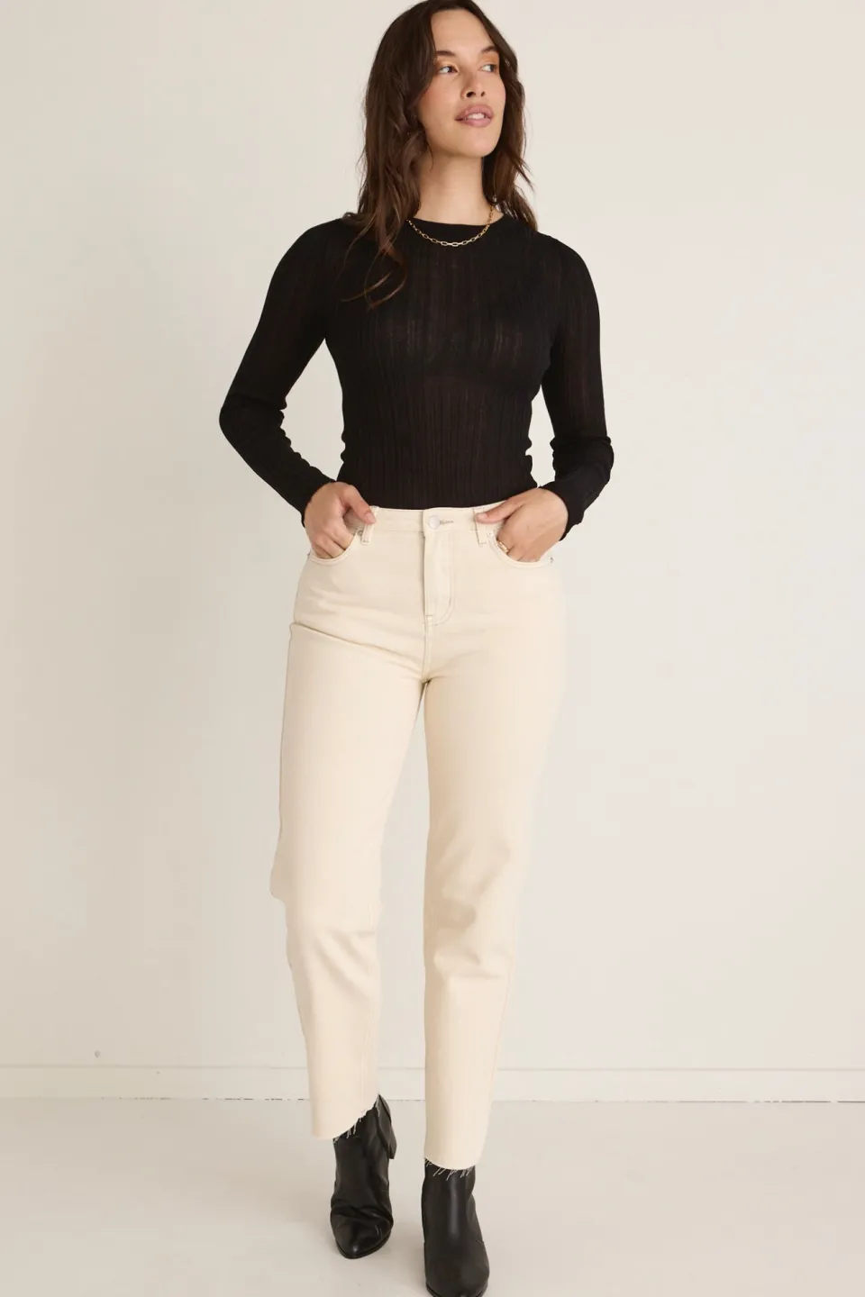 Among the Brave Amelia Ecru Mid Rise Slim Boyfriend Jean