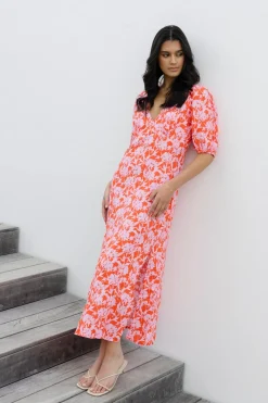 Among the Brave Amora Pink Floral Shadows SS Bias Midi Dress