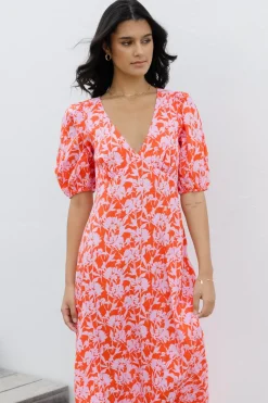 Among the Brave Amora Pink Floral Shadows SS Bias Midi Dress