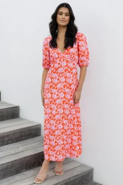 Among the Brave Amora Pink Floral Shadows SS Bias Midi Dress