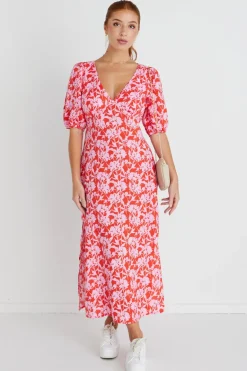 Among the Brave Amora Pink Floral Shadows SS Bias Midi Dress