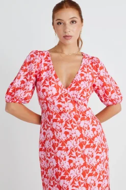 Among the Brave Amora Pink Floral Shadows SS Bias Midi Dress