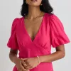 Among the Brave Amour Hot Pink Linen Bubble Sleeve Mini Dress