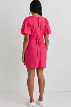Among the Brave Amour Hot Pink Linen Bubble Sleeve Mini Dress