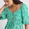 Stories be Told Amulet Green Batik Print Sweetheart Neck Short Sleeve Top