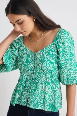 Stories be Told Amulet Green Batik Print Sweetheart Neck Short Sleeve Top