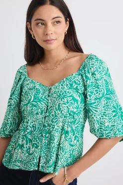 Stories be Told Amulet Green Batik Print Sweetheart Neck Short Sleeve Top