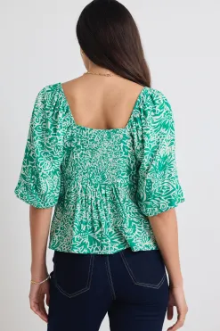 Stories be Told Amulet Green Batik Print Sweetheart Neck Short Sleeve Top