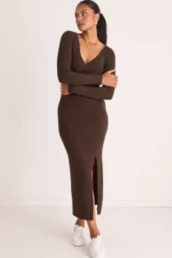 Among the Brave Another Dark Khaki Wrap Rib Knit Maxi Dress