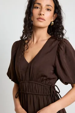 Among the Brave Aphrodite Espresso Hammered Satin SS V Neck Midi Dress