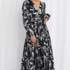 Stories be Told Aria Black & White LS V Neck Tiered Maxi Dress