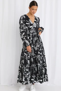 Stories be Told Aria Black & White LS V Neck Tiered Maxi Dress