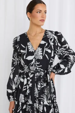 Stories be Told Aria Black & White LS V Neck Tiered Maxi Dress