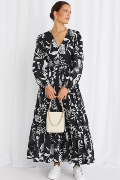 Stories be Told Aria Black & White LS V Neck Tiered Maxi Dress