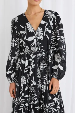 Stories be Told Aria Black & White LS V Neck Tiered Maxi Dress
