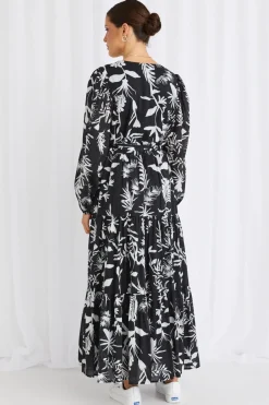 Stories be Told Aria Black & White LS V Neck Tiered Maxi Dress