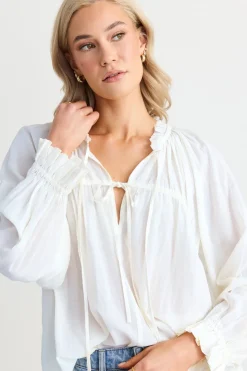 Ivy + Jack Artist Ivory Voile LS Tie Front Relaxed Gathered Top