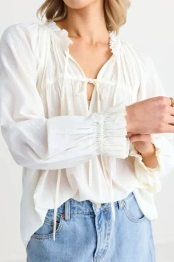 Ivy + Jack Artist Ivory Voile LS Tie Front Relaxed Gathered Top