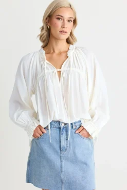 Ivy + Jack Artist Ivory Voile LS Tie Front Relaxed Gathered Top