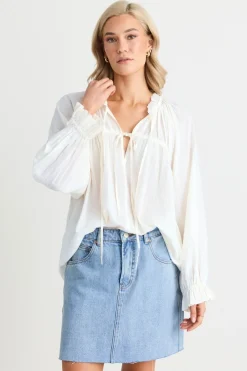 Ivy + Jack Artist Ivory Voile LS Tie Front Relaxed Gathered Top