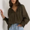 Ivy + Jack Artist Olive Voile LS Tie Front Relaxed Gathered Top