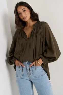 Ivy + Jack Artist Olive Voile LS Tie Front Relaxed Gathered Top