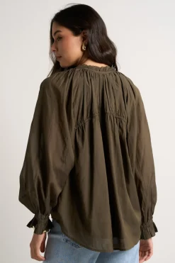 Ivy + Jack Artist Olive Voile LS Tie Front Relaxed Gathered Top