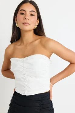 Stories be Told Ascend White Linen Strapless Rouched Top