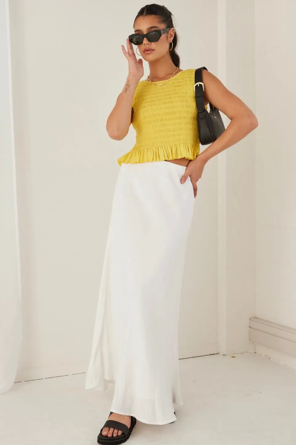 Among the Brave Assertive Sunshine Yellow Shirred Poplin Sleeveless Shell Top