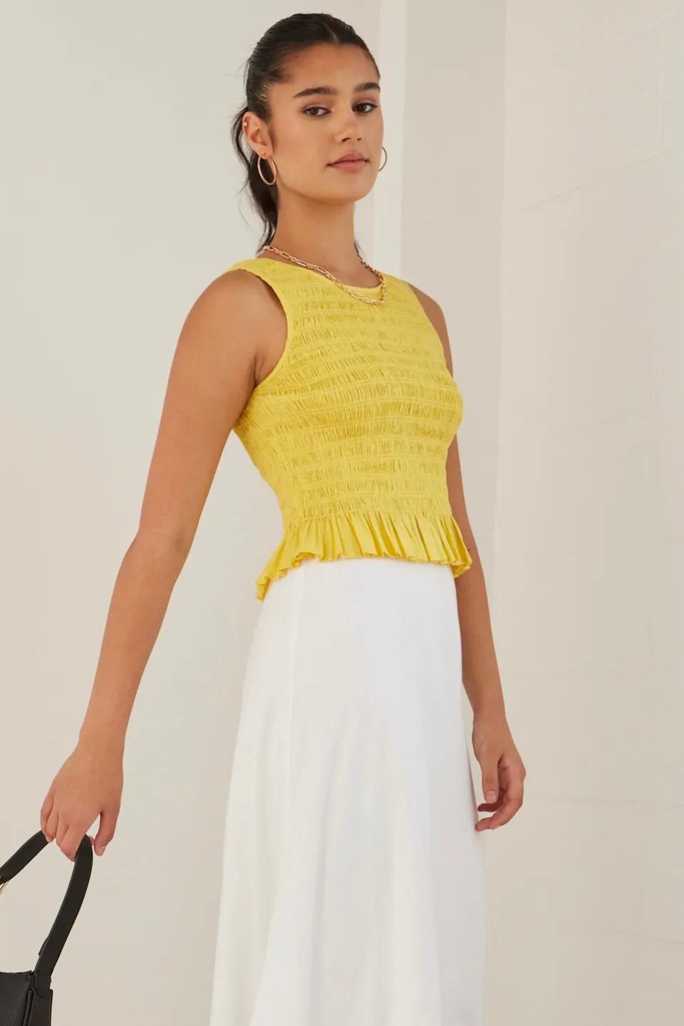 Among the Brave Assertive Sunshine Yellow Shirred Poplin Sleeveless Shell Top