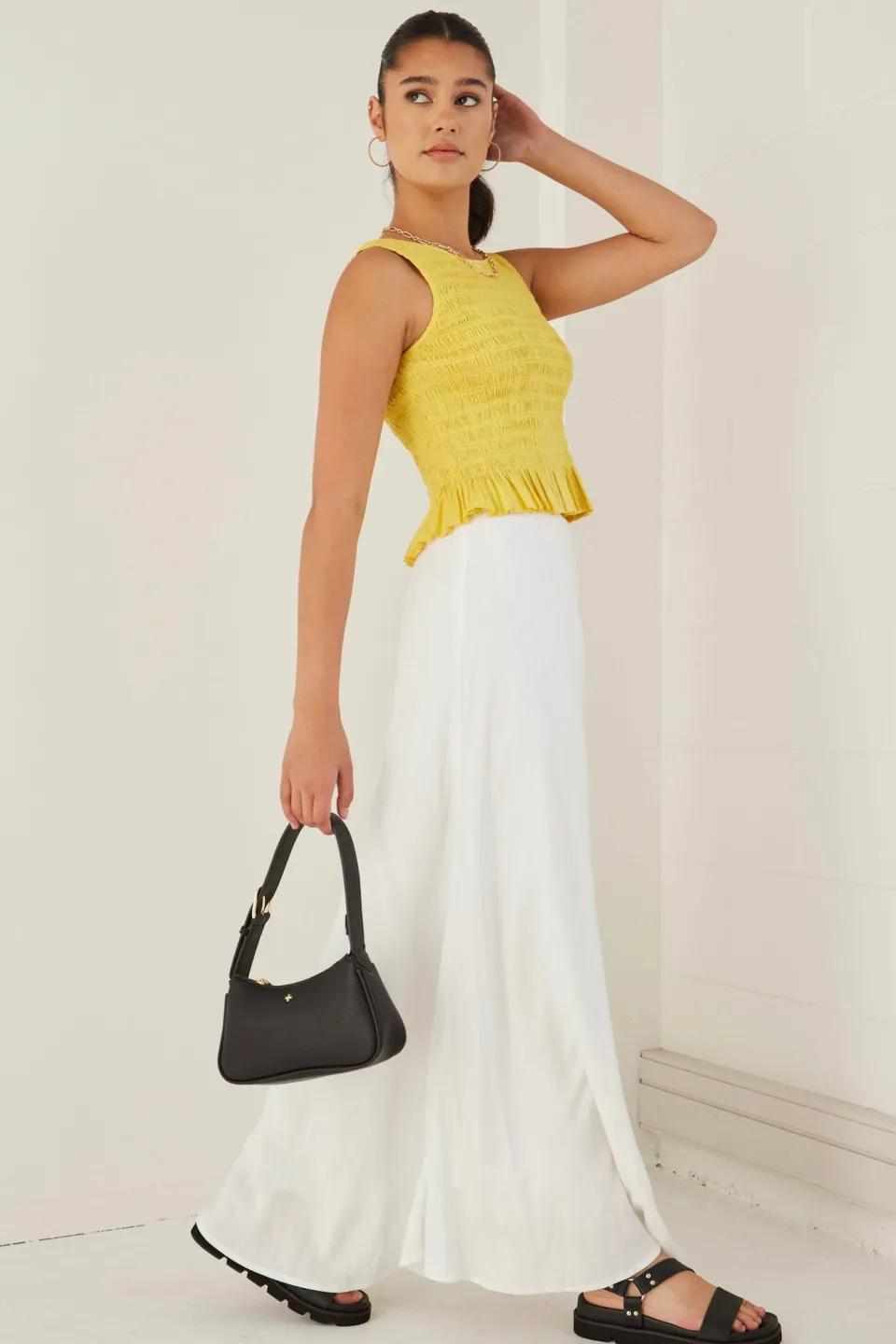Among the Brave Assertive Sunshine Yellow Shirred Poplin Sleeveless Shell Top