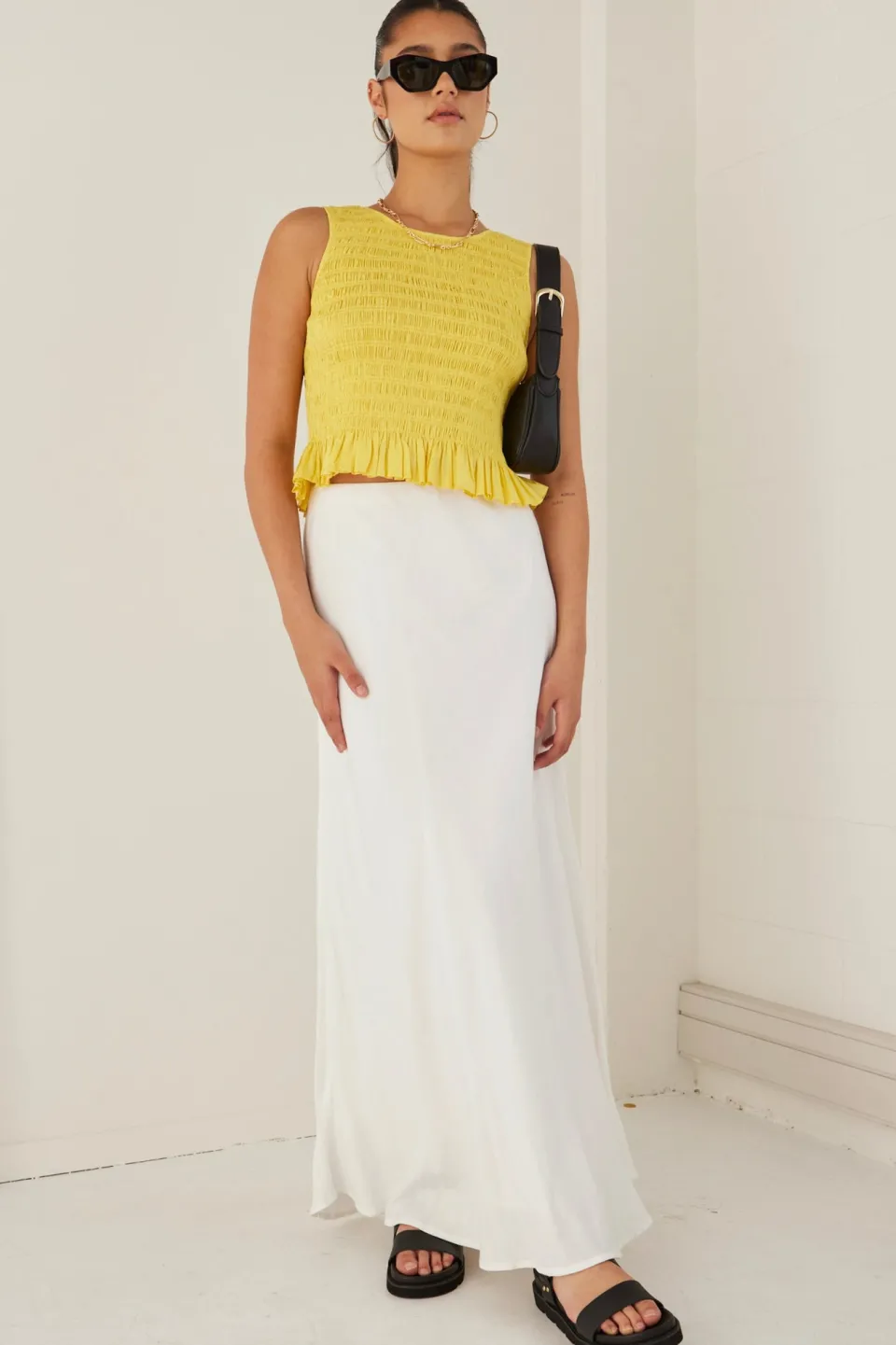 Among the Brave Assertive Sunshine Yellow Shirred Poplin Sleeveless Shell Top
