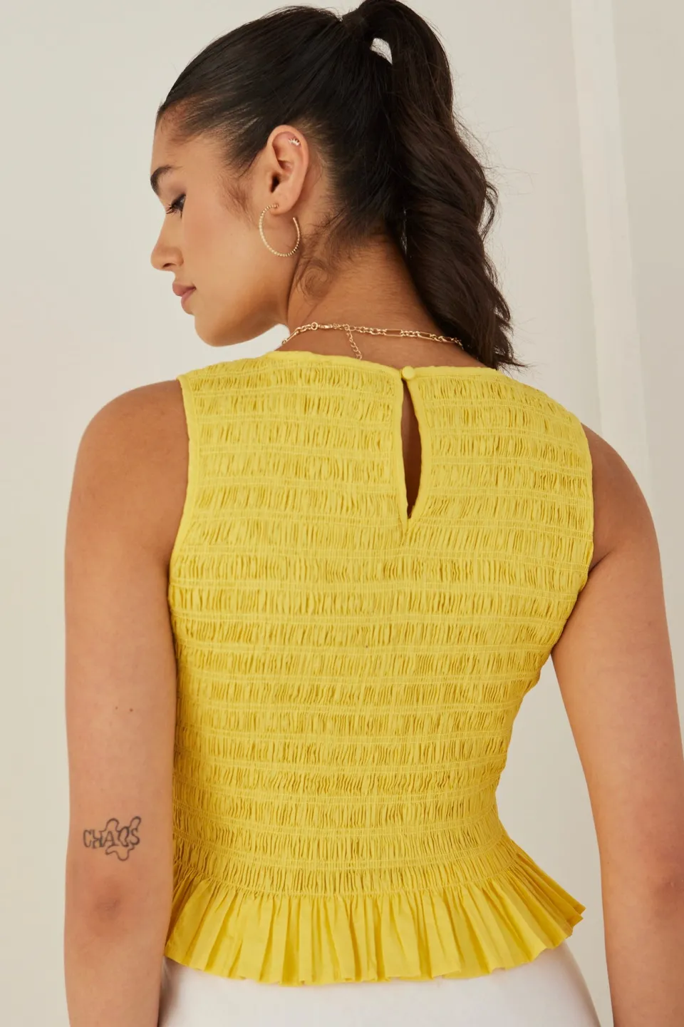 Among the Brave Assertive Sunshine Yellow Shirred Poplin Sleeveless Shell Top