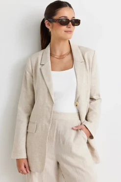 RE:UNION Label Aster Natural Linen Single Breasted Longline Blazer
