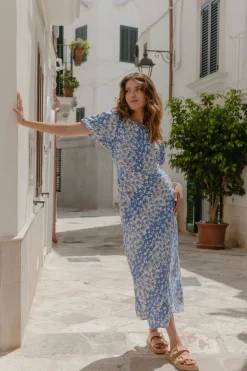 Stories be Told Astrid Blue Floral Puff Sleeve Bias Maxi Dress