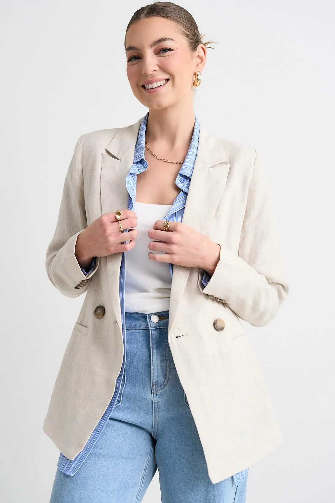 RE:UNION Label Atlas Natural Linen Double Breasted Blazer